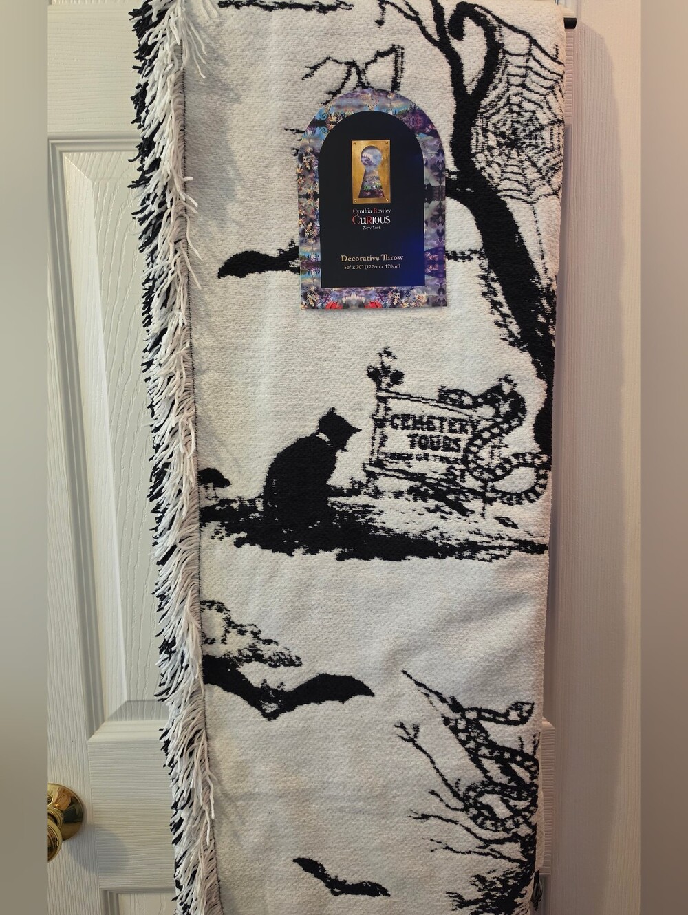 Cynthia Rowley Black and White Halloween Graveyard Cemetary Throw Blanket NWT